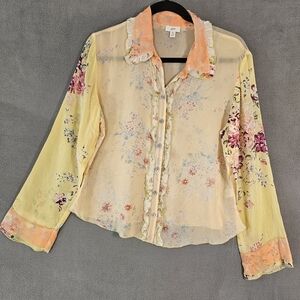 J Jill Petite PM Button Up Shirt Colorful Shirt Floral Patchwork Cottagecore